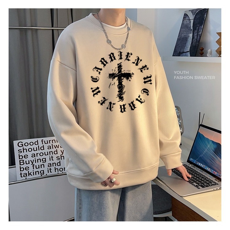 Áo sweater Tay Dài Cổ Tròn Dáng Rộng In Chữ Thập Màu Đen Phong Cách vintage Hợp Thời Trang