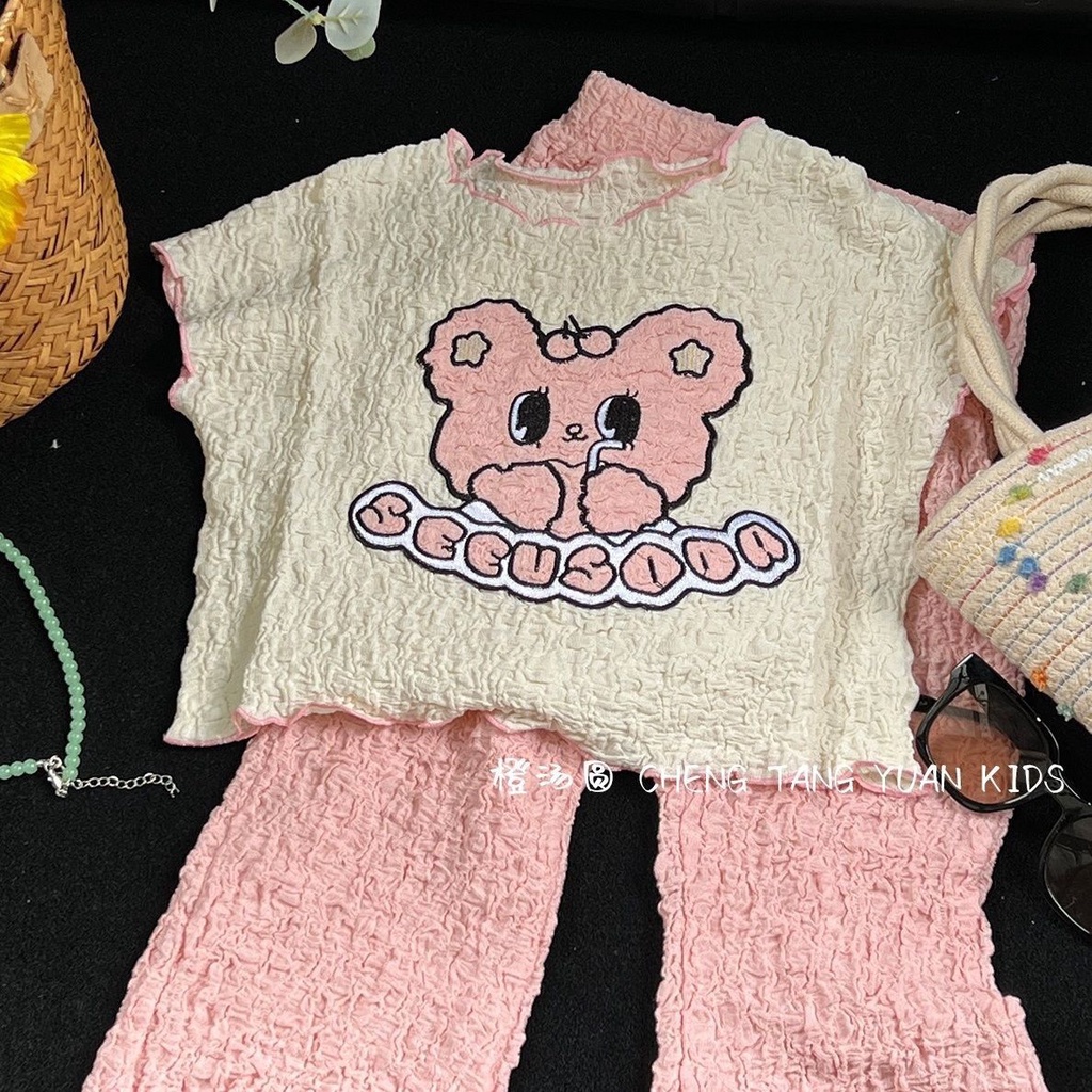 Bộ Áo Thun + Quần Ống Loe Màu Hồng Dễ Thương Thời Trang Mùa Hè Cho Bé Gái