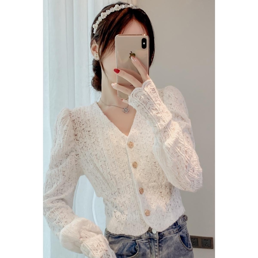 Áo Sơ Mi Cổ Chữ v Phối Ren Phong Cách Phương Tây