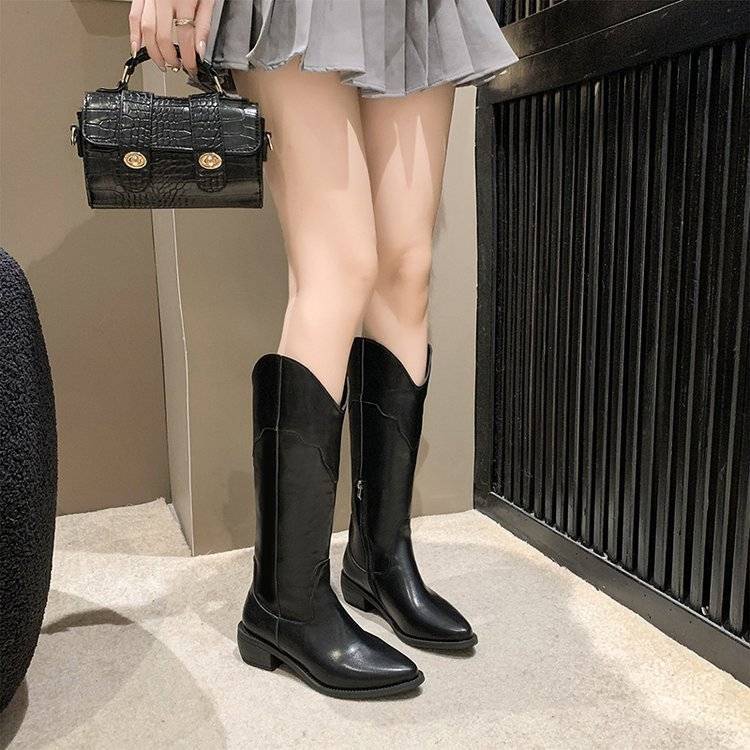 Giày Bốt Cao Bồi Mũi Nhọn Gót Dày Có Khóa Kéo Phía Sau size Lớn 35-42 Cho Nữ