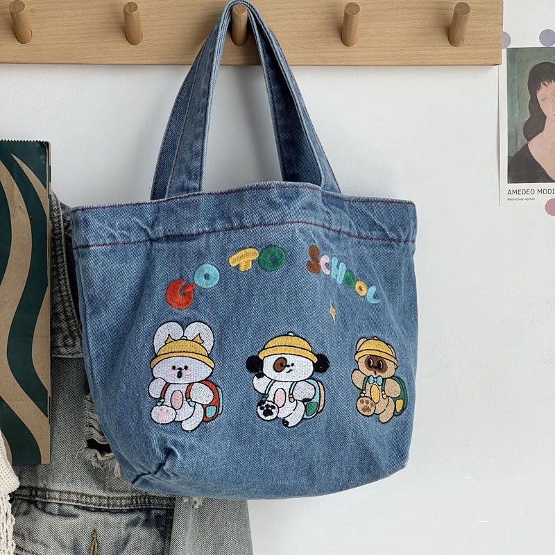 Túi Xách Vải denim Cỡ Lớn Thêu Họa Tiết Hoạt Hình Dễ Thương Phong Cách Nhật Bản Cho Nữ