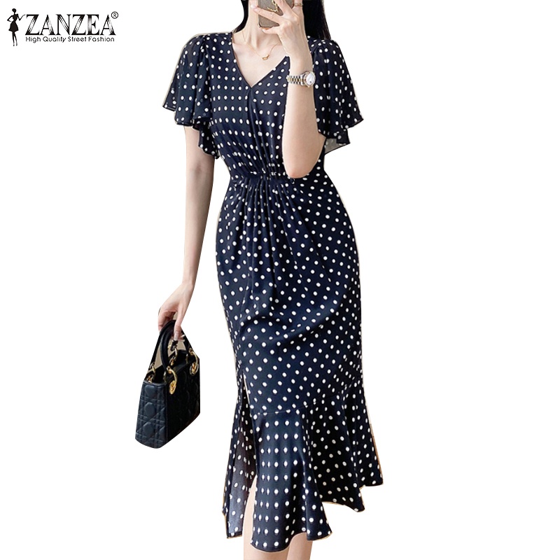 Zanzea Đầm Đuôi Cá Ngắn Tay Cổ v Họa Tiết Chấm Bi Thời Trang Nữ Tính