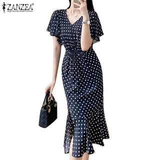 ZANZEA Đầm Ngắn Tay Cổ Chữ v Thời Trang Hàn Quốc Cho Nữ