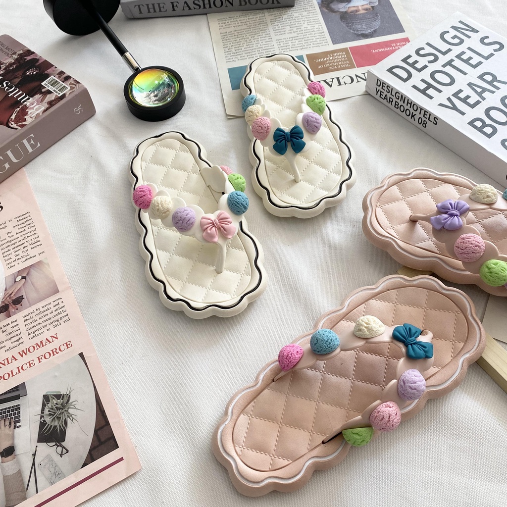 JY221-A1 CỤC KEM - Dép xỏ ngón gợn sóng phối sticker dễ thương, siêu xinh