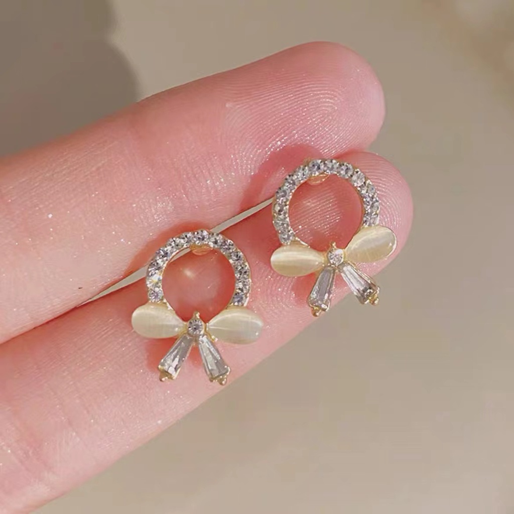Bông Tai Mạ Bạc 925 Đính Đá Mắt Mèo Phong Cách Hàn Quốc