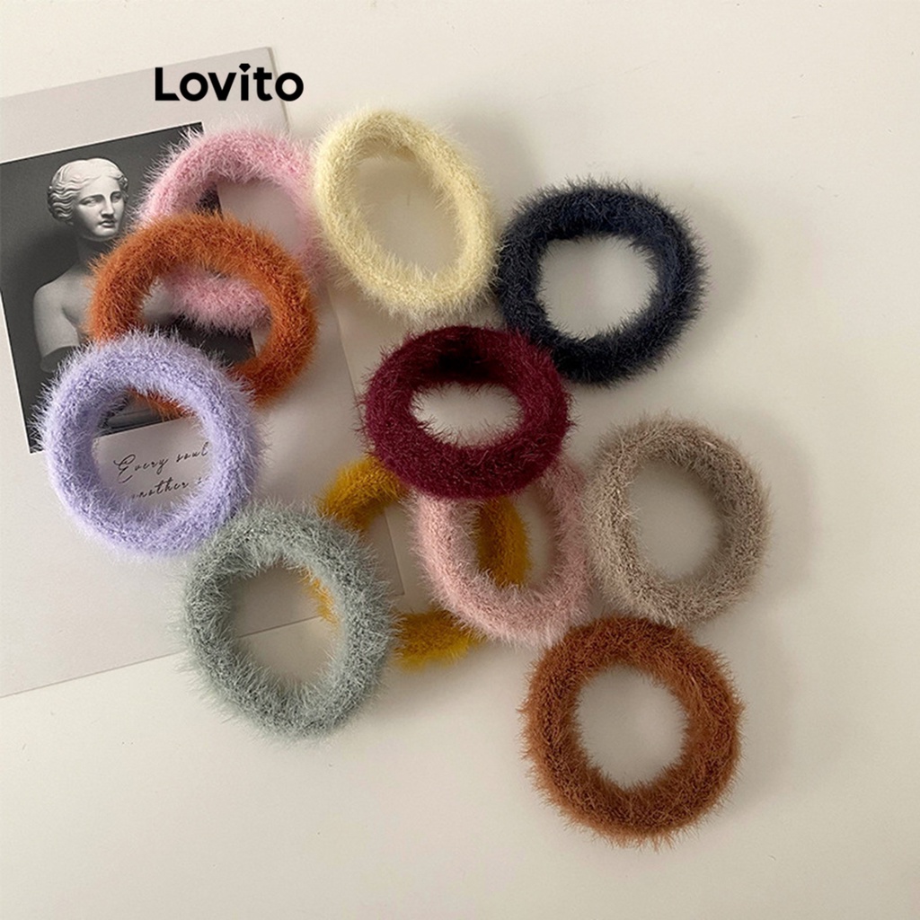 Lovito Dây buộc tóc lông thú giả trơn thông thường dành cho nữ LNA28080