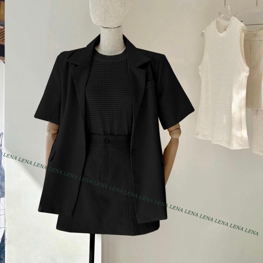 Áo Blazer Lenin tay ngắn  phong cách Hàn Quốc - Chân váy có quần chữ A lenin - áo lưới lỗ sát nách trẻ trung LENA-3008