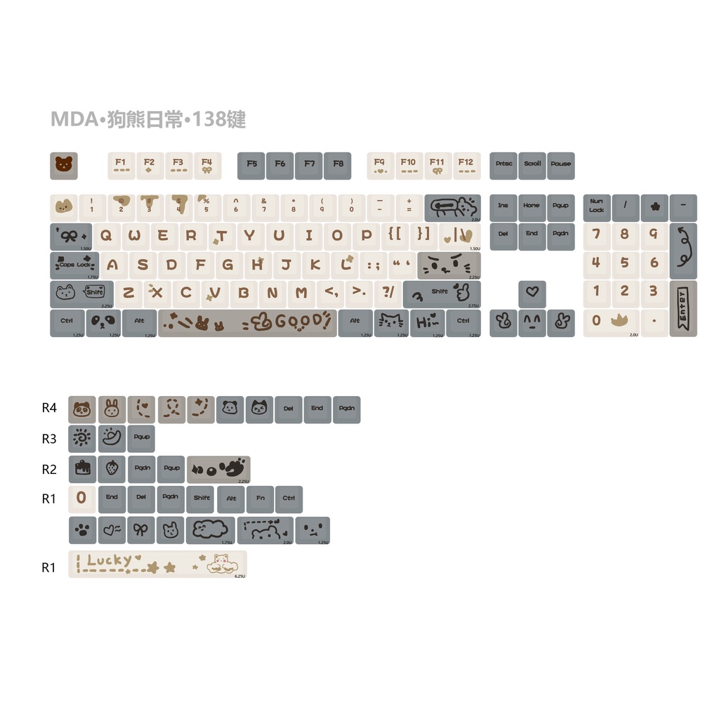 138 Phím Bear Daily Keycaps MDA Profile Graffiti Dễ Thương PBT DYE SUB Bàn Phím Cơ Keycap