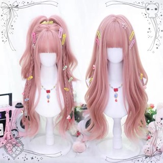 Bộ Tóc Giả Dài Xoăn Màu Hồng Nhạt Kèm Mái Bằng Sợi Tổng Hợp Phong Cách lolita Dành Cho Nam Nữ