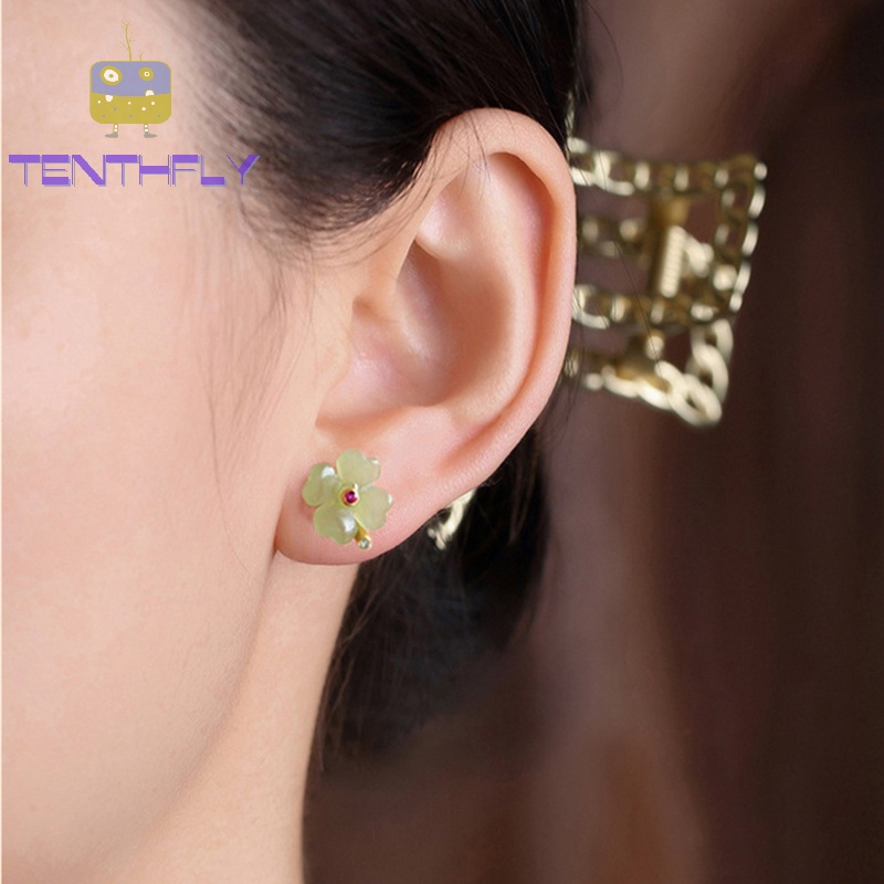 Bông Tai Hình Cỏ Bốn Lá May Mắn Đính Ngọc Bích Phong Cách retro