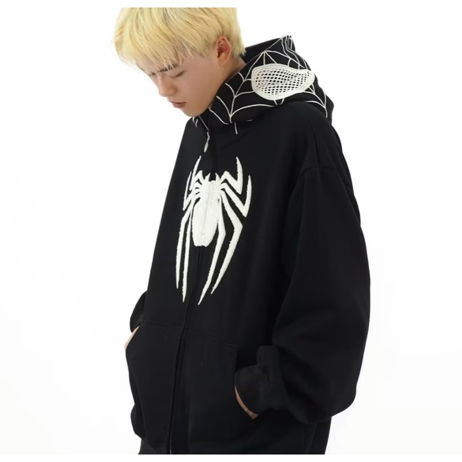 Áo Khoác Hoodie Có Khóa Kéo In Hình Người Nhện Phong Cách retro Mỹ Thời Trang Thu Đông Cho Nam