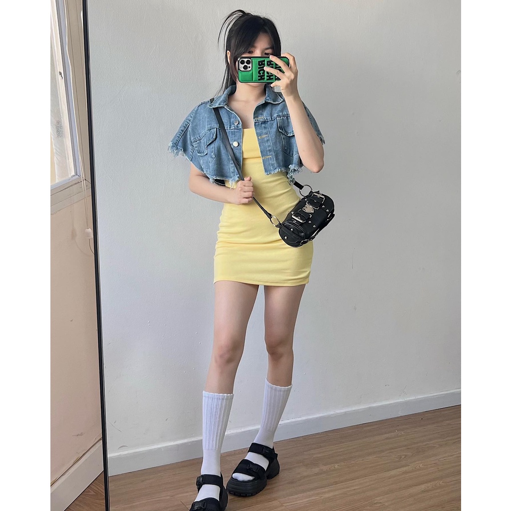 Áo crop khoác tay ngắn JEAN xanh nhạt