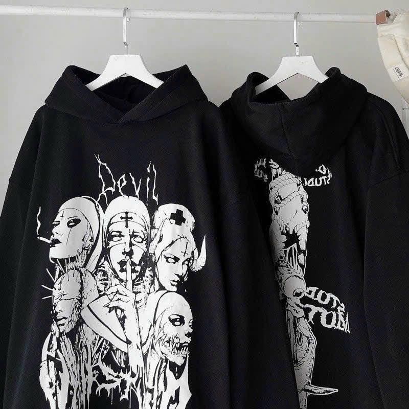 Áo khoác hoodie in Devil form rộng dưới 70kg