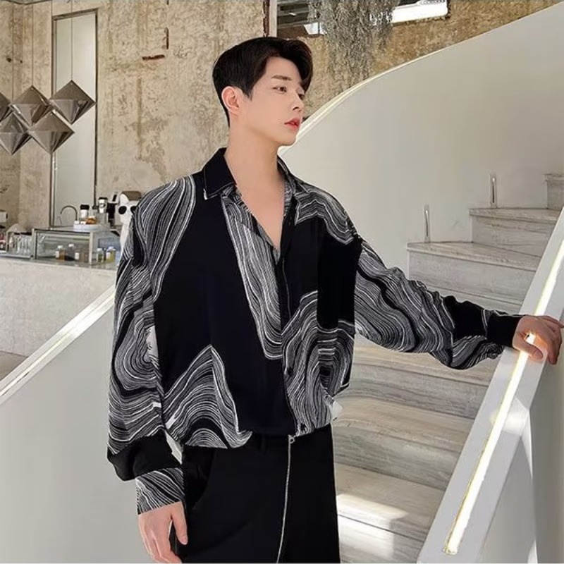 Áo Sơ Mi Tay Dài Dáng Rộng In Họa Tiết Màu Tương Phản Đơn Giản Dễ Phối Đồ Thời Trang Cho Nam