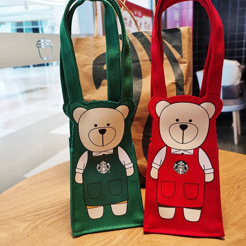 Túi canvas In Hình Gấu Hoạt Hình 2021 Đài Loan starbucks Màu Xanh Lá Đỏ Đen Thân Thiện Với Môi Trường