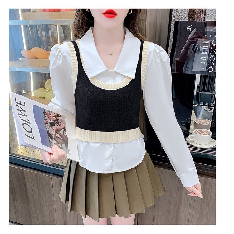 Bộ Áo Sơ Mi Tay Dài + Áo vest Dệt Kim Dáng Ngắn Màu Sắc Tương Phản Thời Trang Mùa Thu 2023