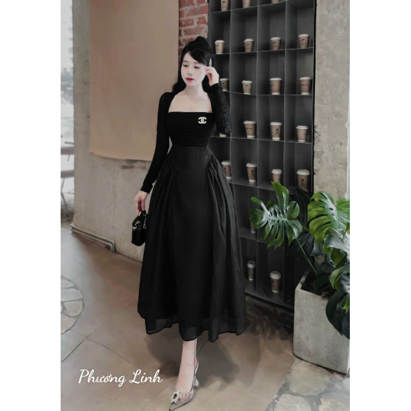 Đầm xoè cổ vuông dáng dài sang chảnh