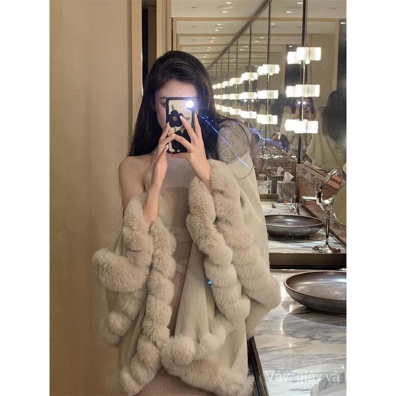 Áo Choàng Dệt Kim Phối Lông Thời Trang Thu Đông Cho Nữ