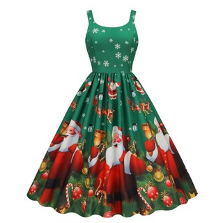 Đầm Hai Dây In Họa Tiết Ông Già Noel Màu Sắc Xanh Lá / Xanh Lá Phong Cách Cổ Điển Thời Trang Cho Nữ