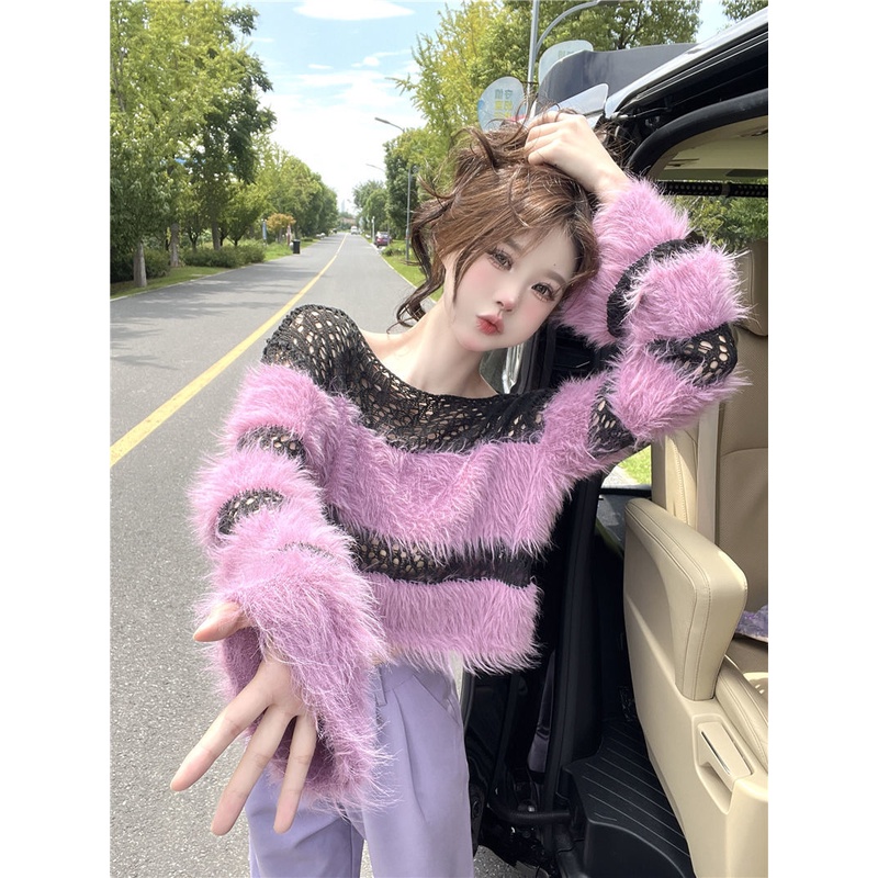 Milyfashion Áo sweater Ngắn Mềm Mại Họa Tiết Kẻ Sọc Rỗng Phối Tua Rua Thời Trang Mùa Thu Phong Cách Mới Cho Nữ