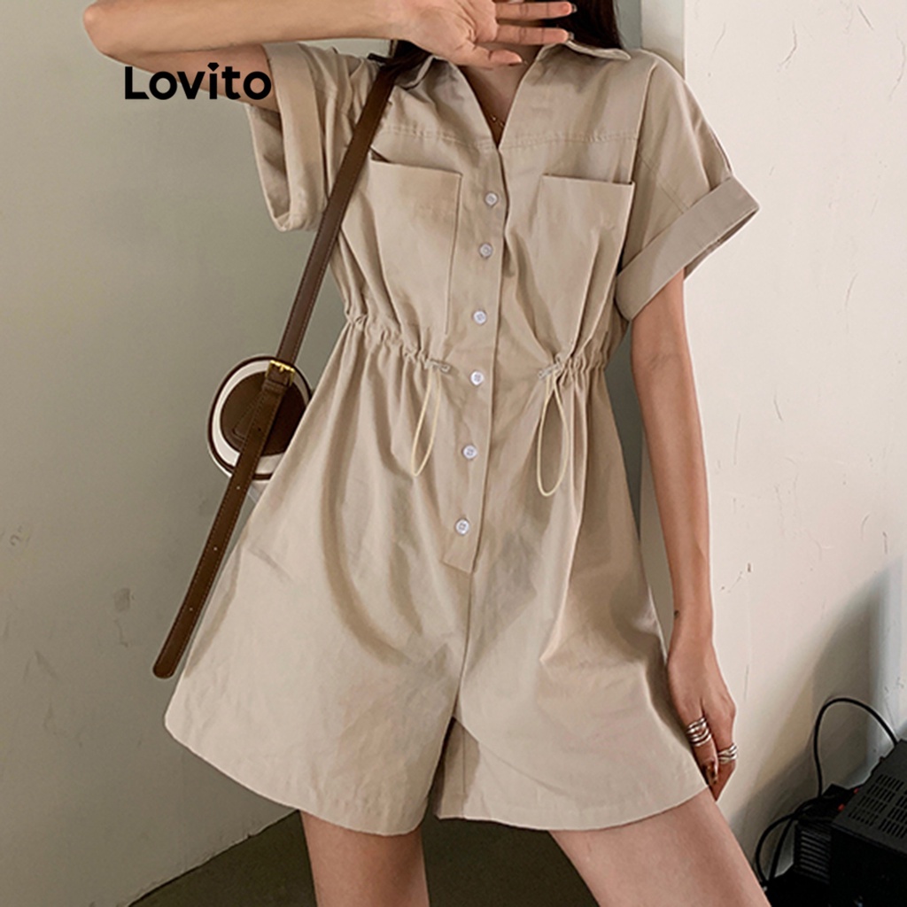 Áo liền quần Lovito phối túi nút trước dây rút màu trơn thường ngày cho nữ LNE05183