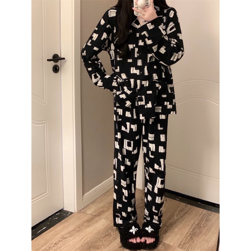 YAMI Bộ Đồ Ngủ Tay Dài In Họa Tiết Hình Vuông Đơn Giản Thời Trang Xuân Thu Dành Cho Nữ