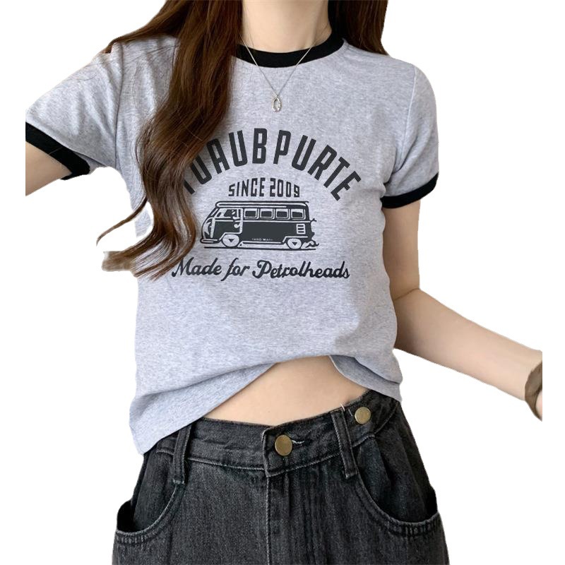 Áo Thun Lụa Sữa Tay Ngắn Cổ Tròn Màu Sắc Tương Phản Phong Cách Mới Cho Nữ