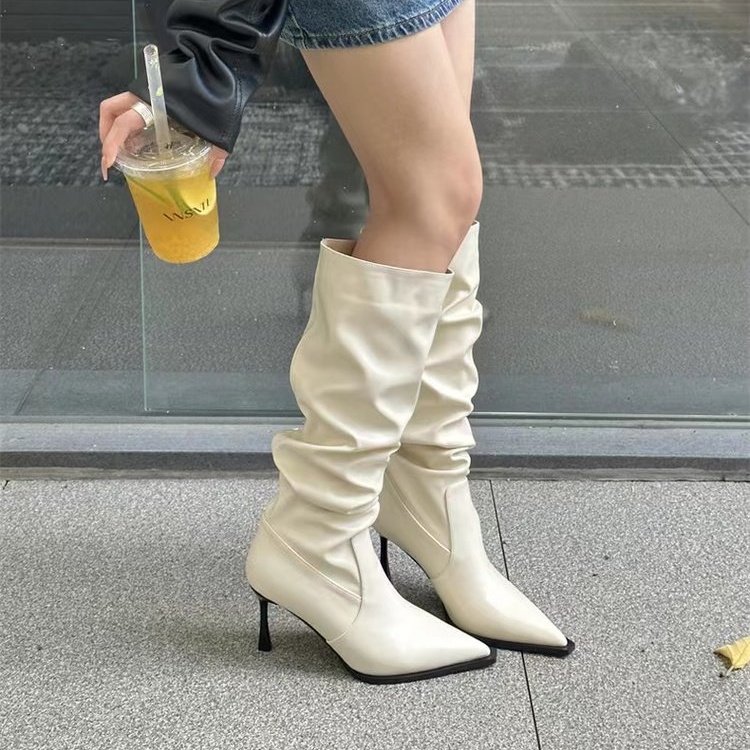 Giày Bốt Cao Gót Da pu Mũi Nhọn Màu Trơn Thời Trang Cao Cấp