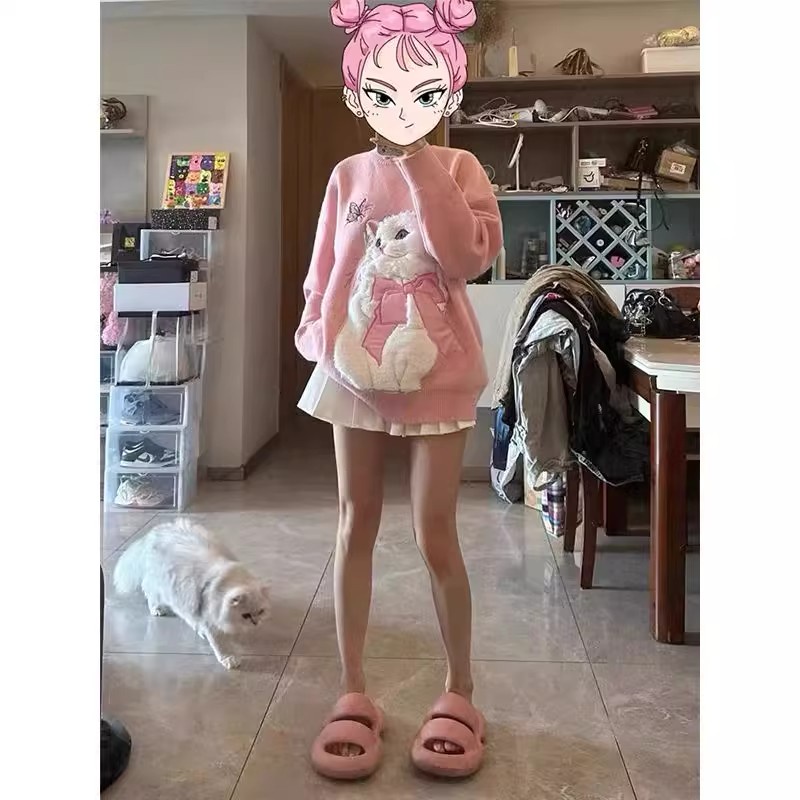 Áo sweater Cổ Tròn Dáng Rộng In Hình Mèo Thời Trang Mùa Thu Cho Nữ