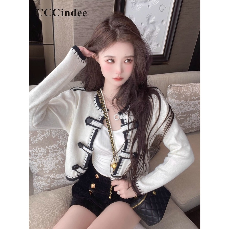 Cccindee Áo Khoác cardigan Tay Dài Phối Màu Tương Phản Thời Trang 2023 Cho Nữ