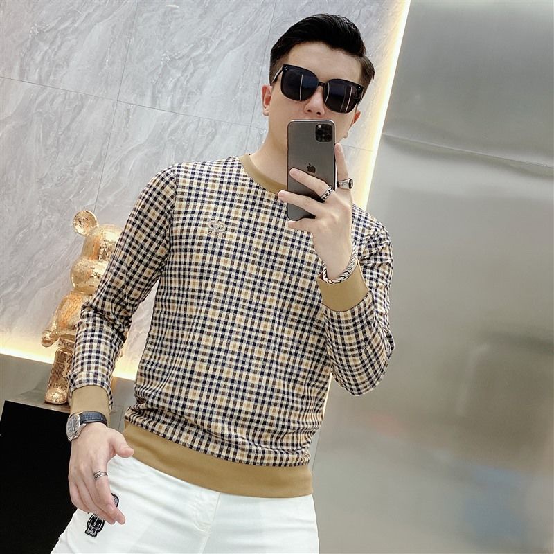 Áo Thun Dài Tay Họa Tiết Sọc Caro Phong Cách Hàn Quốc Thời Trang Thu Đông Mới Cho Nam