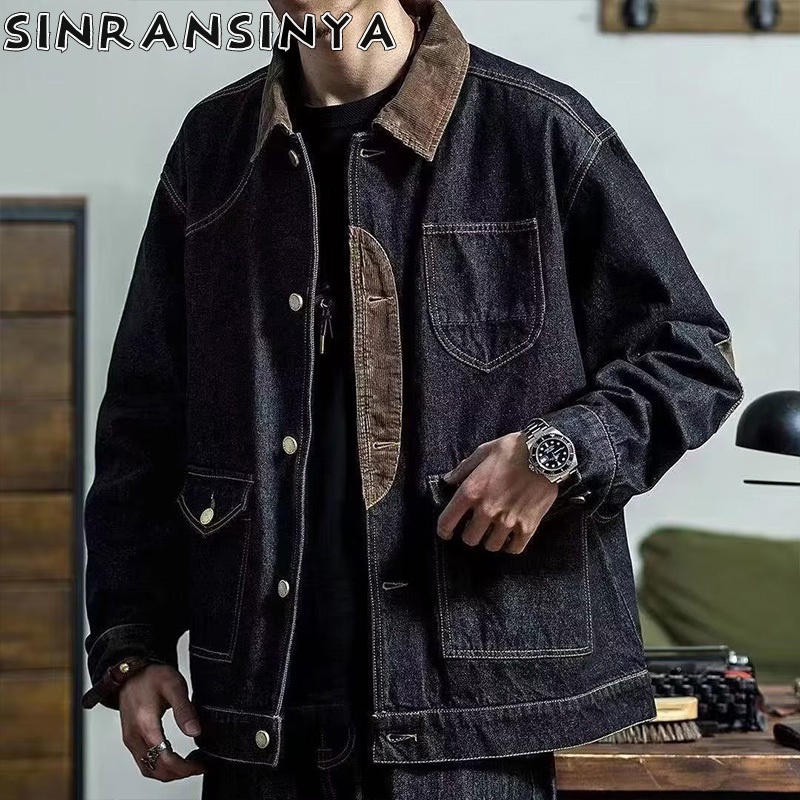 Sinransinya Áo Khoác Nam Dài Tay Phong Cách retro Đường Phố Mỹ