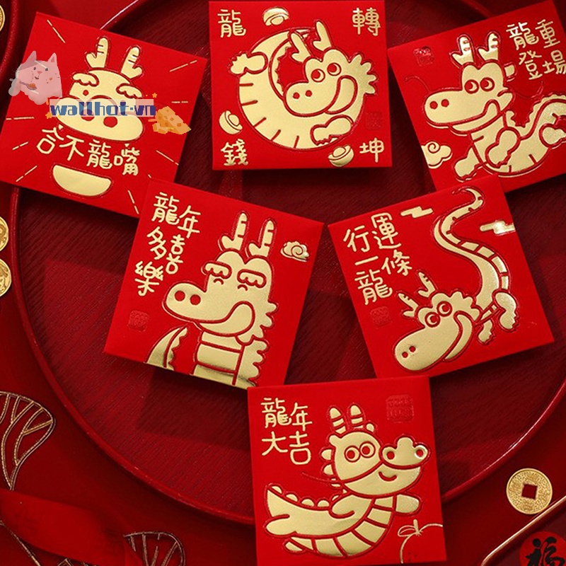 Set 6 Bao Lì Xì Hình Rồng Đỏ May Mắn Cho Năm Mới 2024