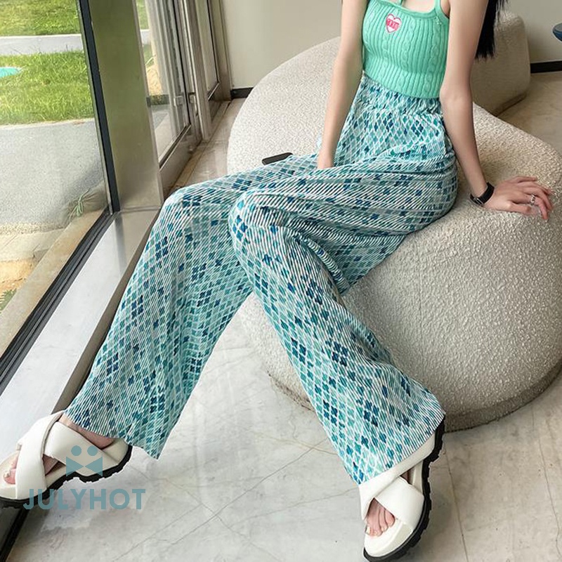 Quần Ống Rộng Lưng Cao Xếp Ly Bằng Lụa Lạnh Hình Kim Cương Thông Thường Cho Nữ vn