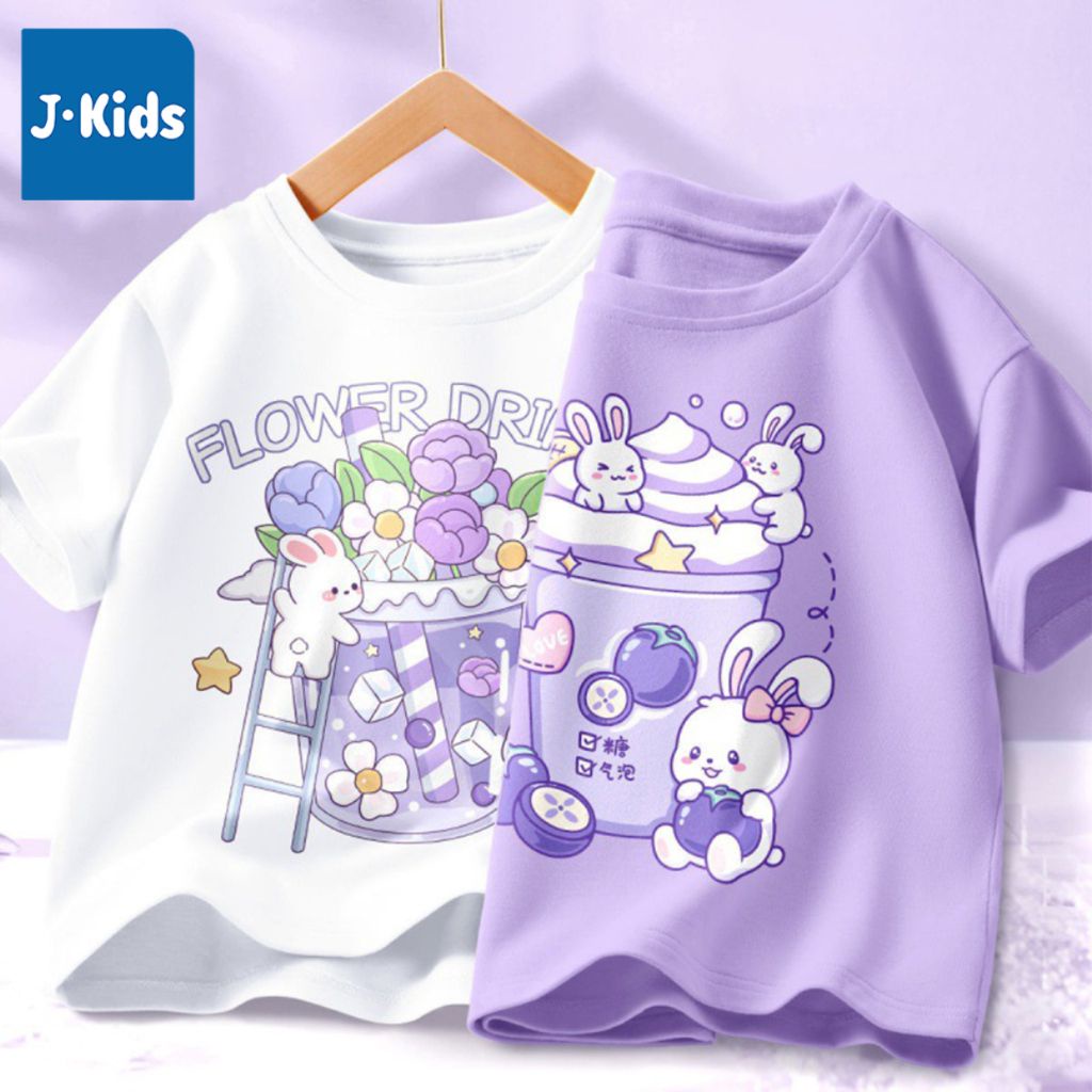Combo 2 áo thun bé gái J-Kids áo phông ngắn tay in hoạt hình cute cho bé mẫu mới 2023