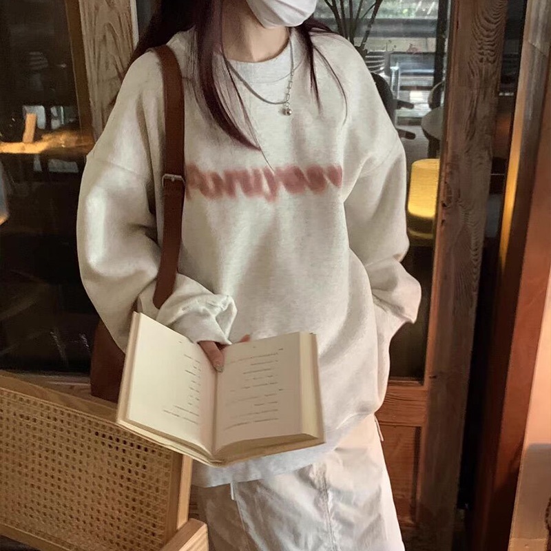 Xiang Nan Áo sweatshirt Cổ Tròn Chui Đầu Dáng Rộng Màu Xám In Chữ Giản Dị Cho Nữ