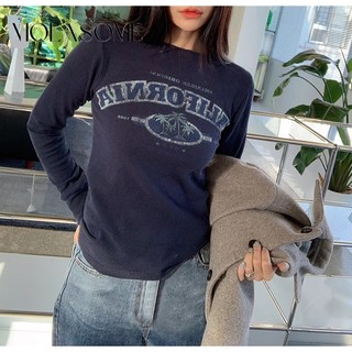 MOLASOME Nữ Chữ Trơn In Cổ Tròn Tay Dài Slim Fit Áo Thun