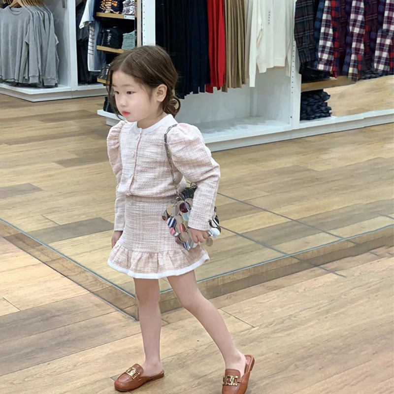 Bộ Áo Dệt Kim Tay Dài Màu Trơn + Chân Váy Ren Thời Trang Hàn Quốc Cho Bé Gái