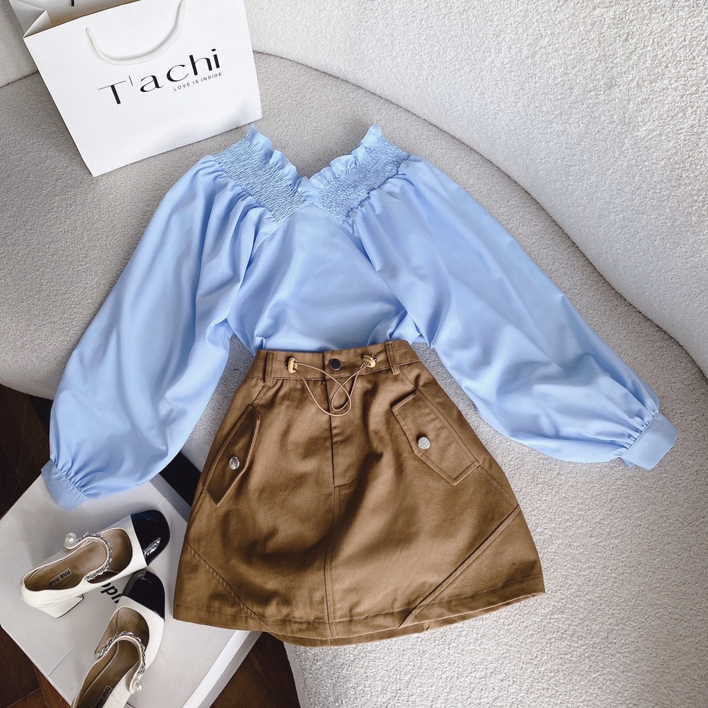 SET ÁO XANH TRỄ VAI BOTHUN TAY PHỒNG +CHÂN VÁY KAKI NÂU