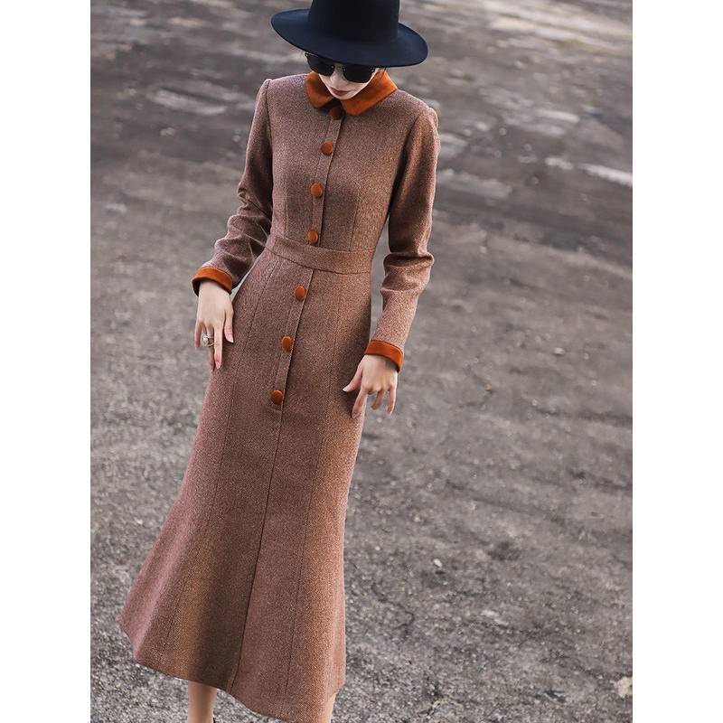 Áo Cổ Búp Bê Chắp Vá Màu Sắc Tương Phản Cao Cấp Phong Cách retro Mùa Thu Đông Mới