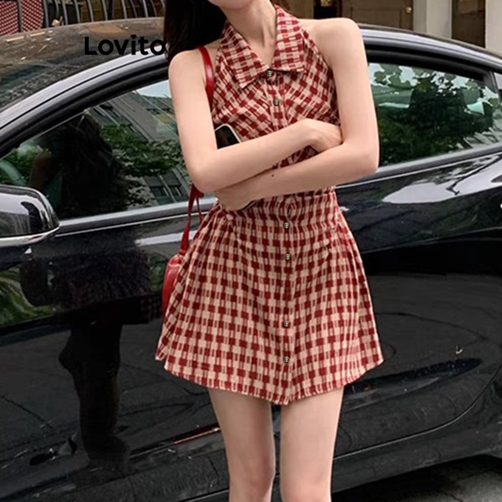 Đầm Lovito cài nút họa tiết kẻ caro thường ngày cho nữ LNA19023