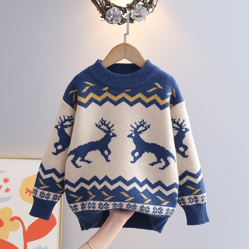 Áo sweater Dày Dặn In Hoạt Hình Tuần Lộc Giáng Sinh Phong Cách Hàn Quốc Thời Trang Thu Đông Cho Bé Trai