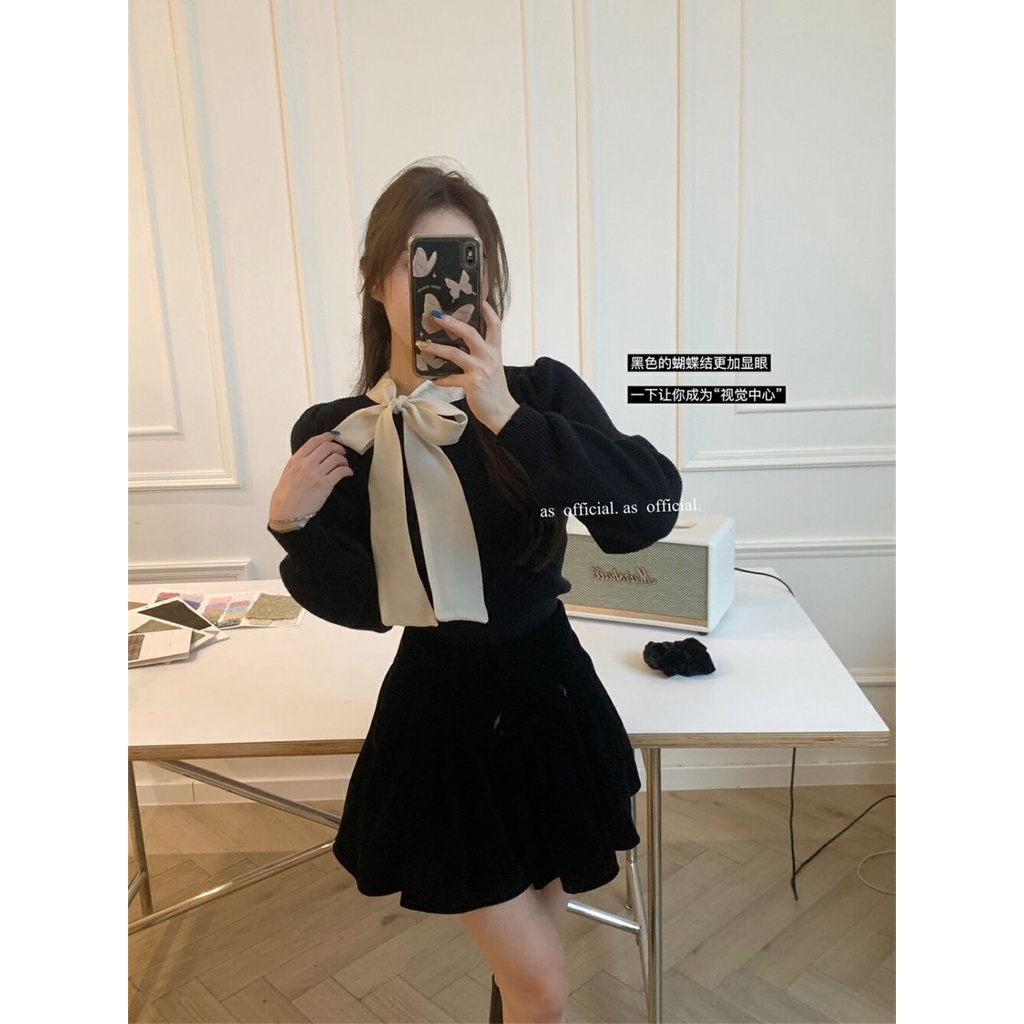 Áo Dệt Kim Tay Dài Dáng Ngắn Ôm Sát Thắt Nơ Kiểu retro Nhật Bản Thời Trang Mùa Thu 20