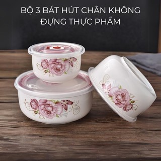 Bộ 3 bát sứ có nắp hút chân không bảo quản thực phẩm, set 3 tô sứ kèm nắp hút chân không tiện dụng, bát hút chân không