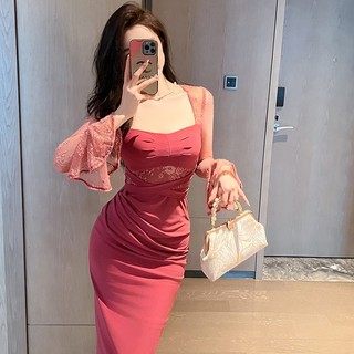 Hàng sẵn có Thu Đông Phong Cách Mới Nữ Pháp Gợi Cảm Cô Gái Nóng Ren Trumpet Tay Slim-fit Ôm Hơn Nhìn Đầm 20866