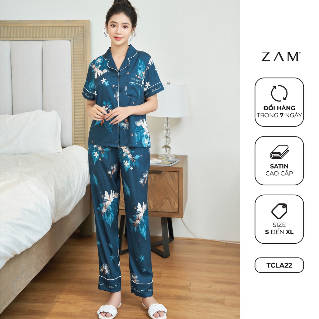 BỘ MẶC NHÀ SHE BY ZAM - TCLA22 - BỘ NGẮN TAY QUẦN DÀI HOA LÁ NỀN XANH