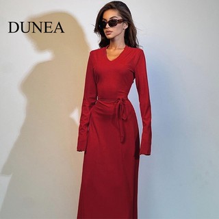 DUNEA Đầm Nữ Tay Dài Cổ Chữ v Buộc Eo Thời Trang
