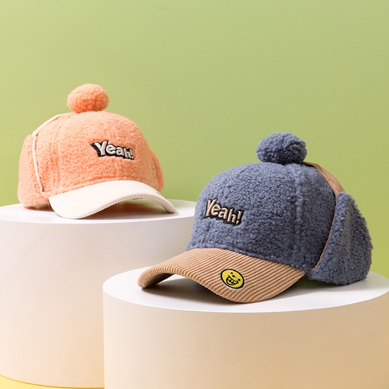 Mũ Lưỡi Trai Vải Nhung Lông Cừu Dày Dặn Giữ Ấm Tai Chống Gió Thời Trang Thu Đông Cho Bé