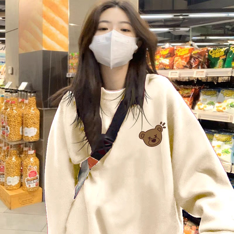 Áo sweater Vải cashmere Tay Dài Dáng Rộng In Hình Gấu Kiểu vintage Mỹ Thời Trang Xuân Thu Cho Nữ