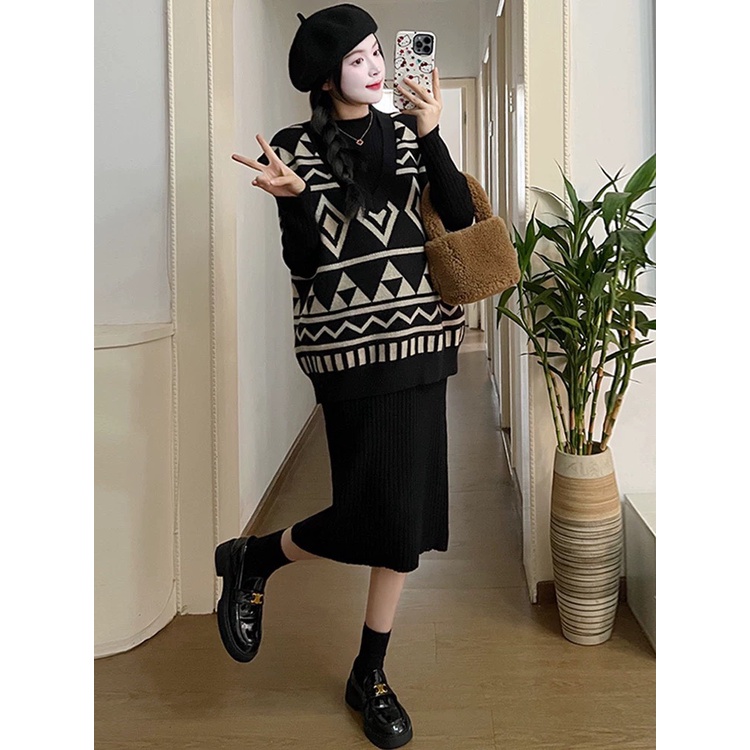 Sét váy bầu SVL772 sét váy len thổ cẩm,đầm bầu dài tay +áo ghile len, váy len công sở, dự tiệc thu đông